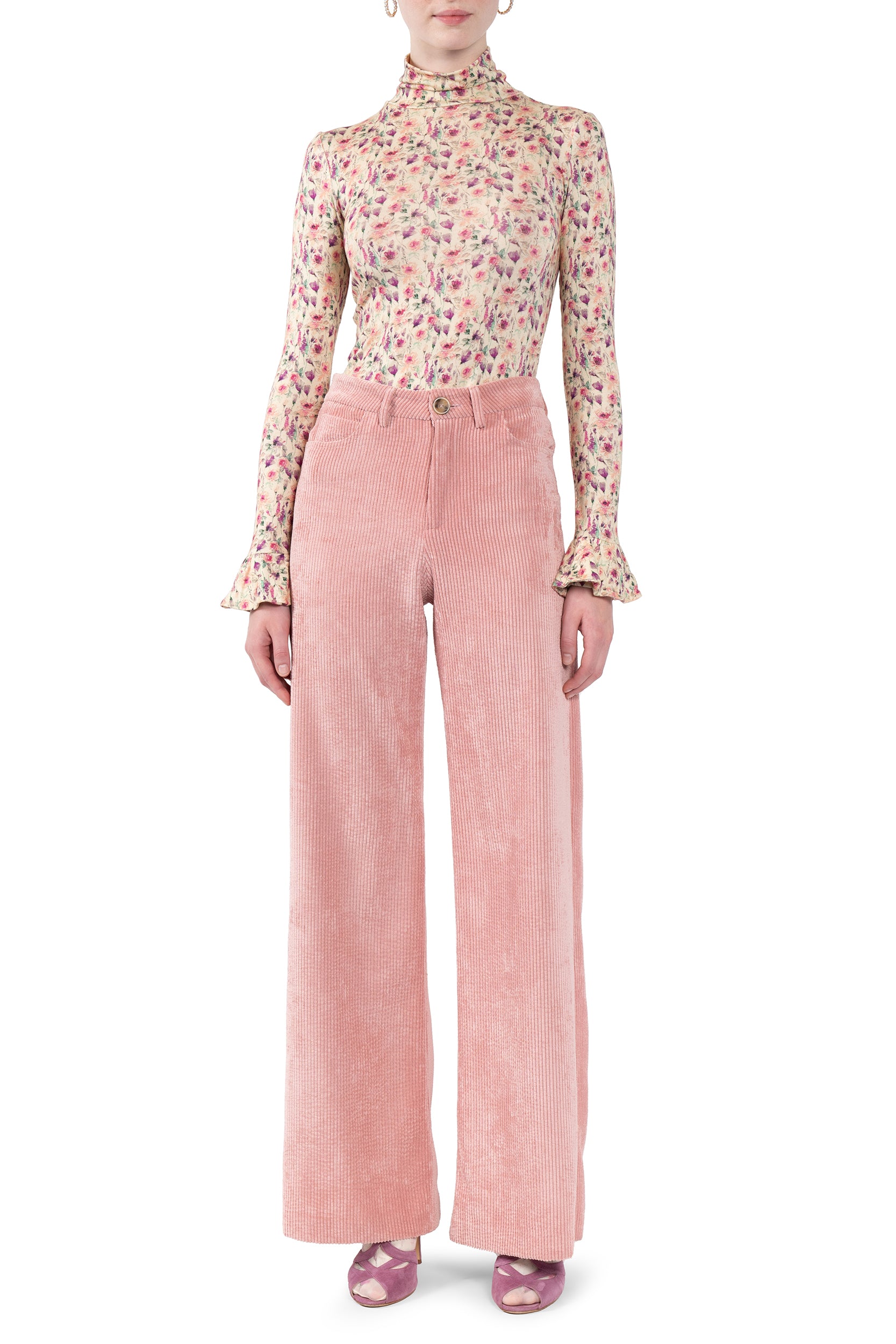 Dolcevita in jersey crema stampato con rose selvatiche