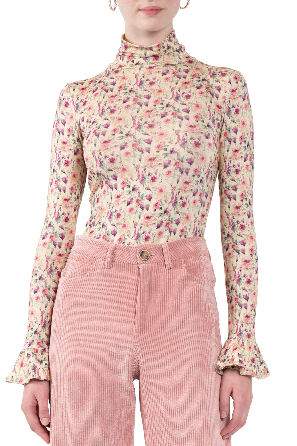 Dolcevita in jersey crema stampato con rose selvatiche