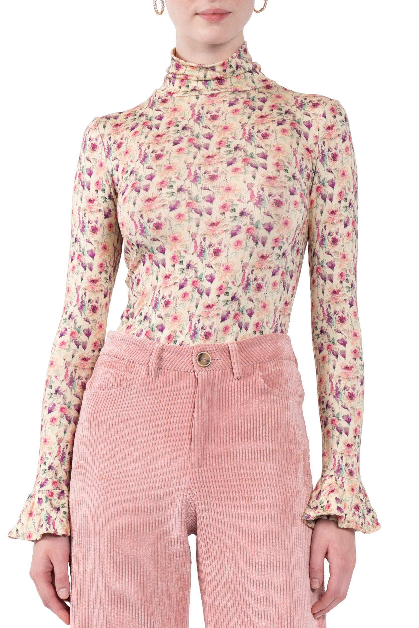 Dolcevita in jersey crema stampato con rose selvatiche