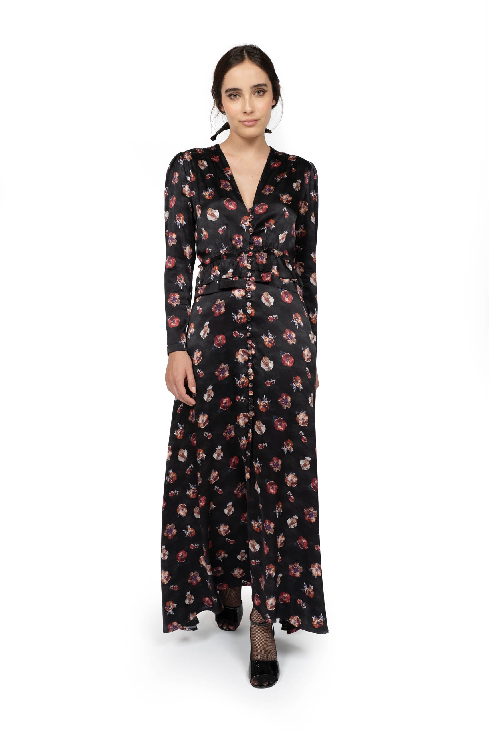 Vestito Bottoncino Nero con Fiore di Viola del Pensiero