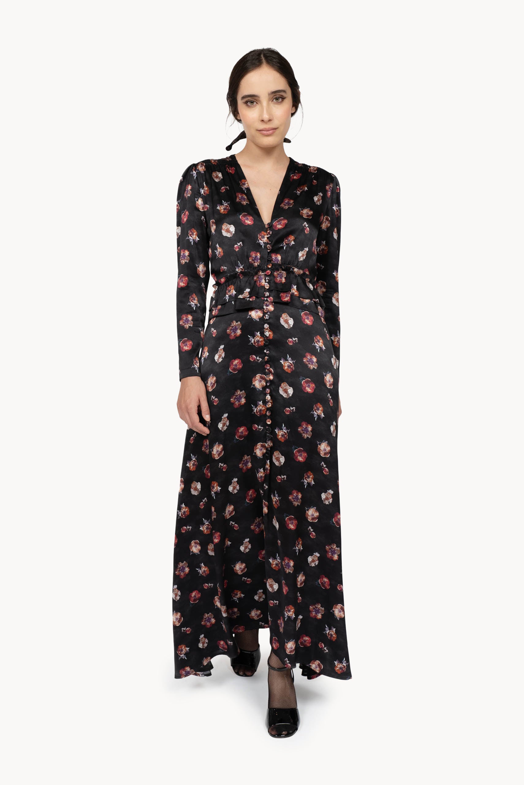 Black Pansy Flower Bottoncino dress