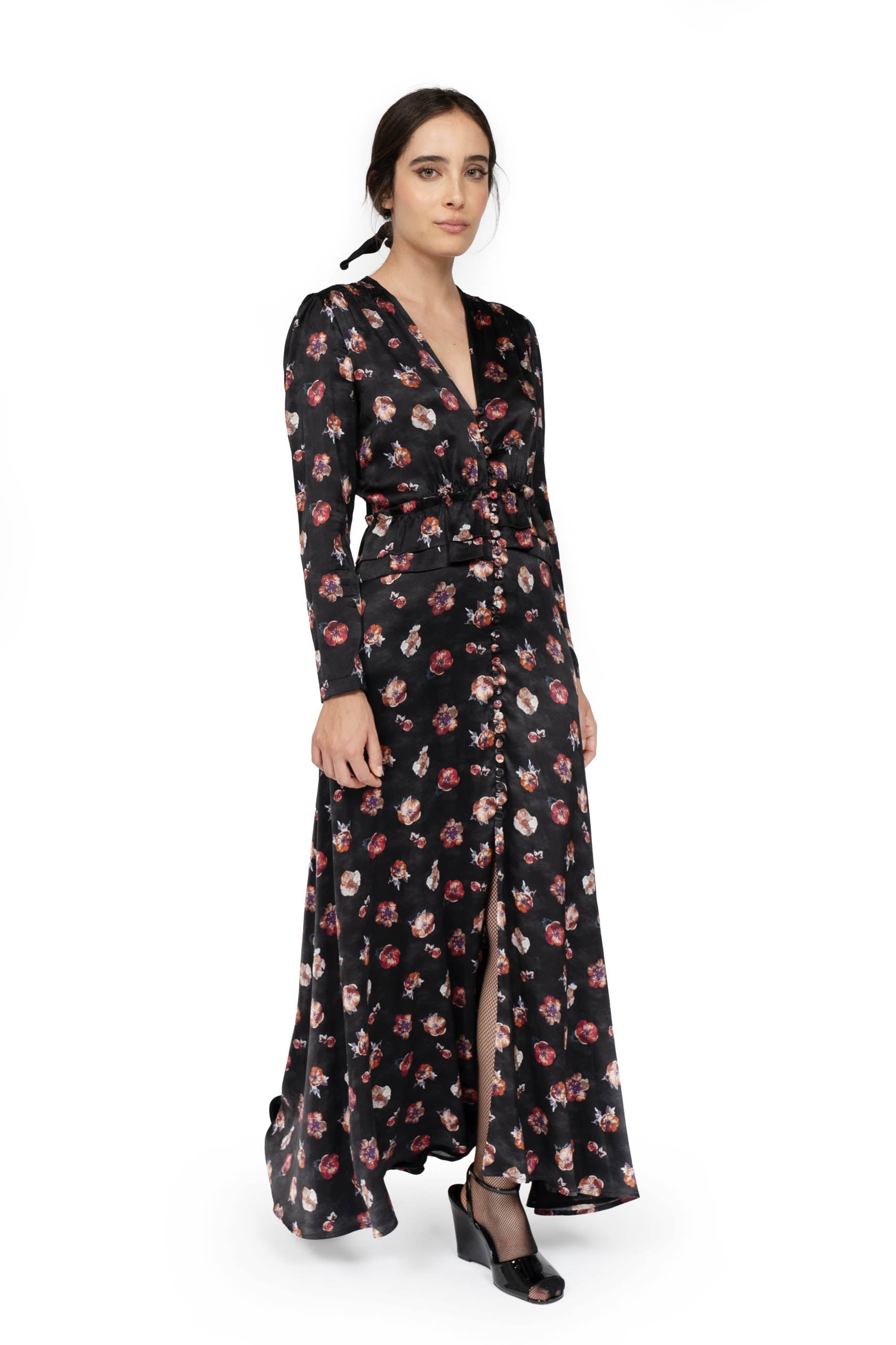 Vestito Bottoncino Nero con Fiore di Viola del Pensiero
