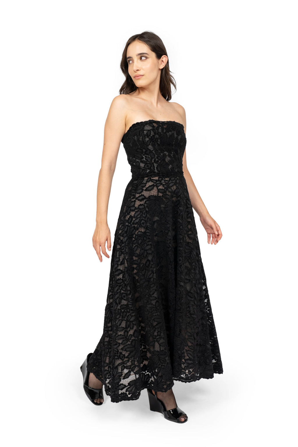 Vestito Senza Spalline in Velluto Nero con Pizzo