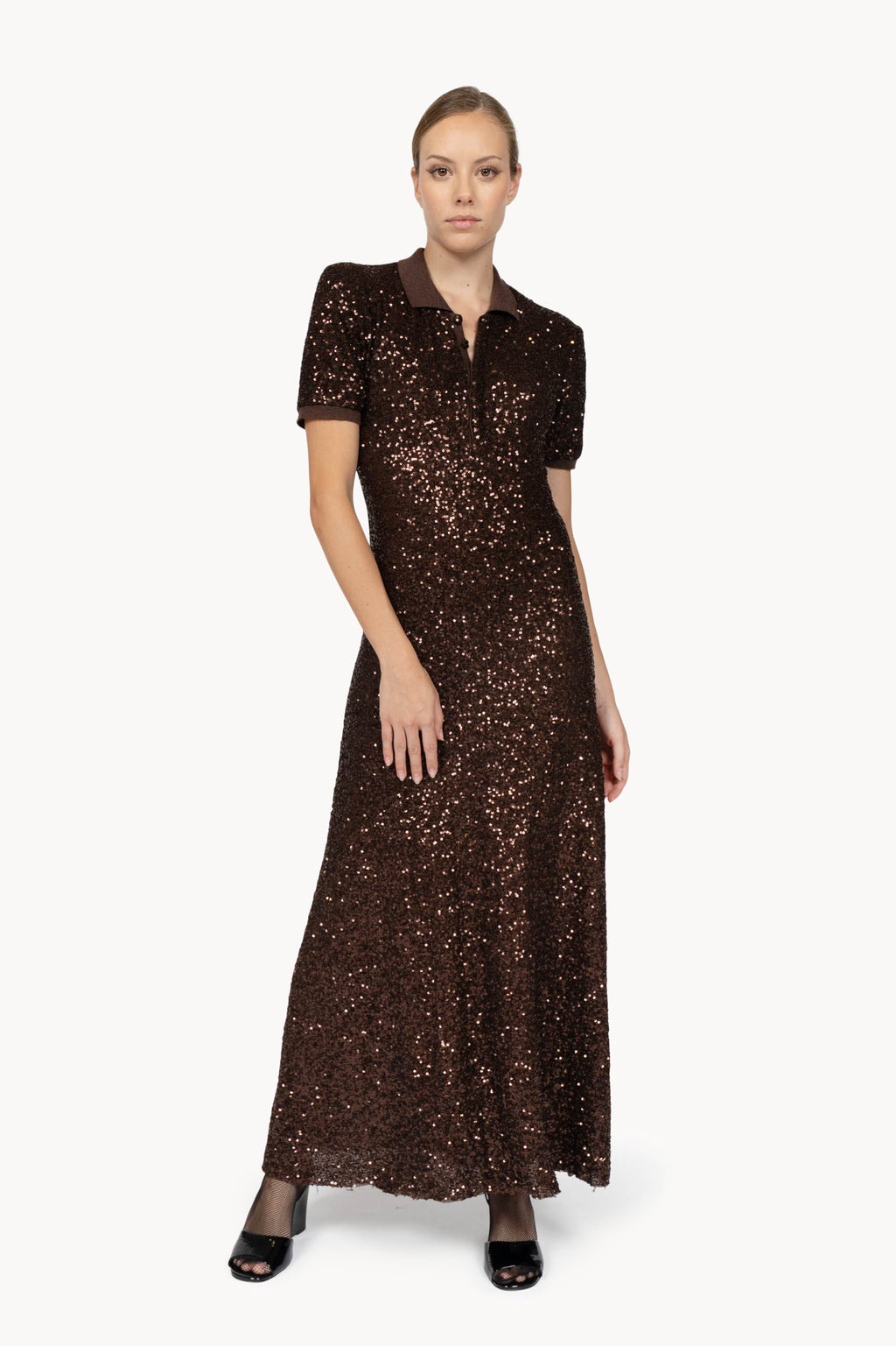 Brown Sequin Stretch Polo Dress