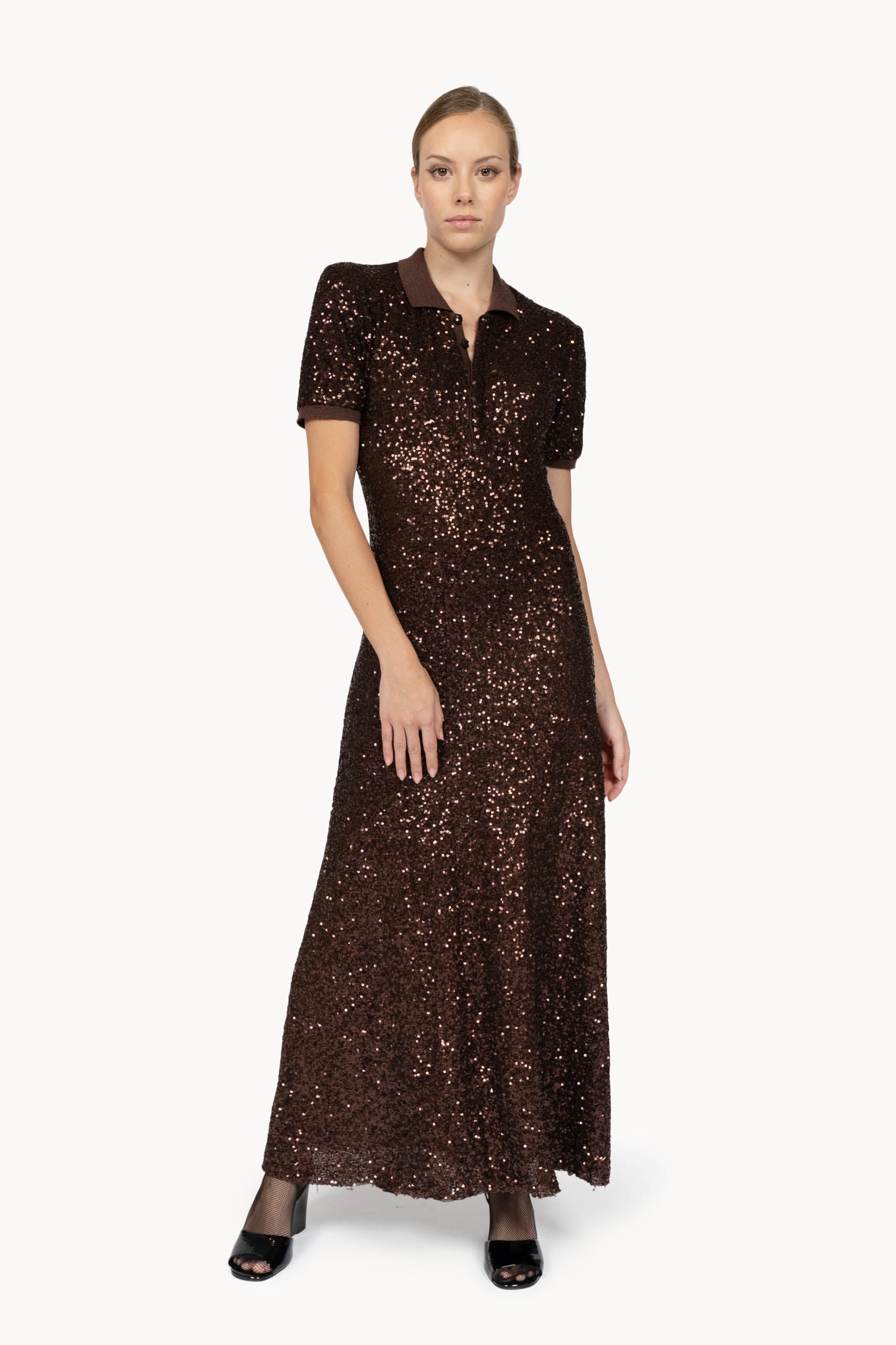 Vestito Polo Marrone con Paillettes Elasticizzato