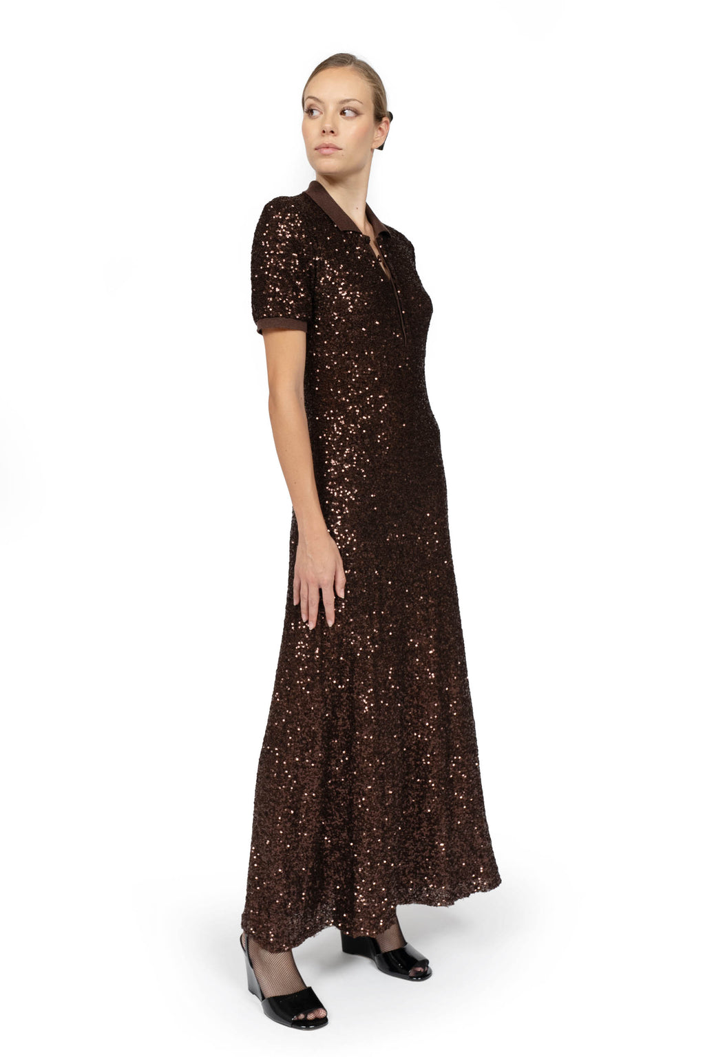 Brown Sequin Stretch Polo Dress