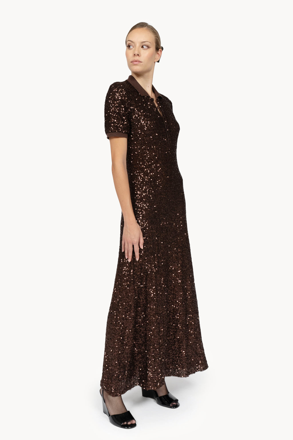 Brown Sequin Stretch Polo Dress