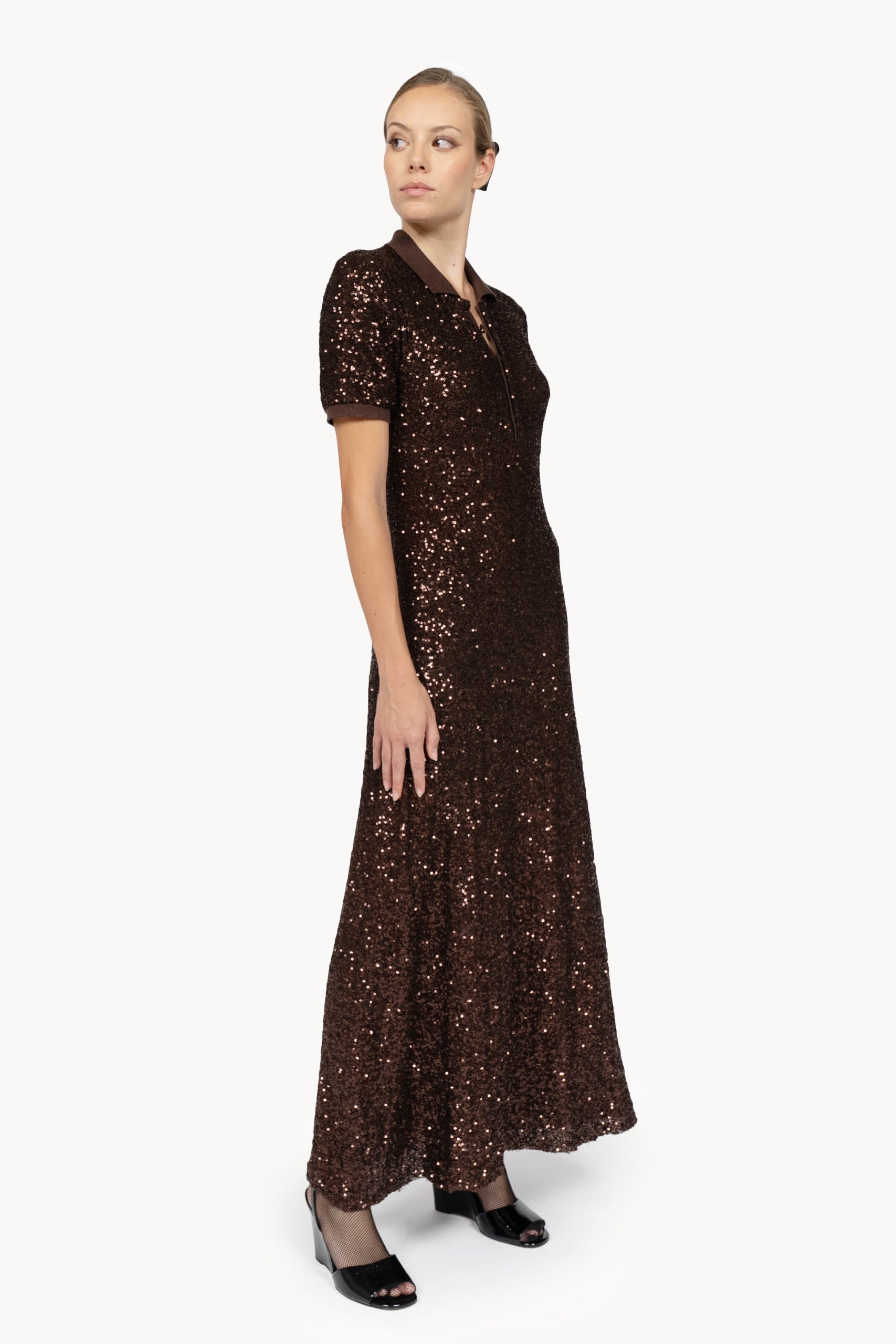 Brown Sequin Stretch Polo Dress