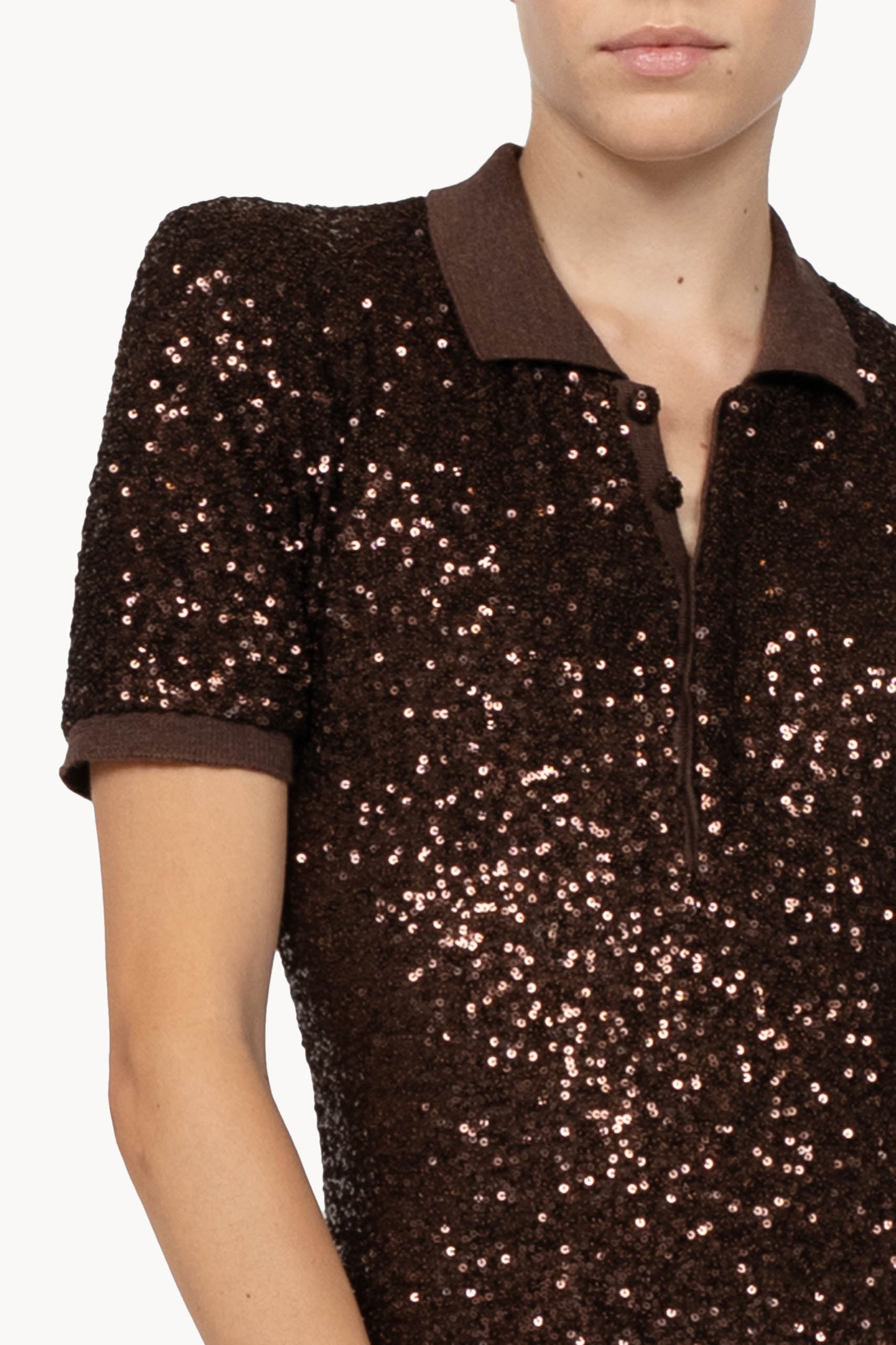 Brown Sequin Stretch Polo Dress