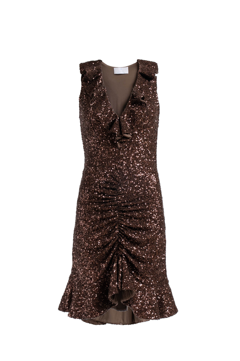 Brown Ruched Sequin Stretch Mini Dress