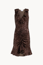 Brown Ruched Sequin Stretch Mini Dress
