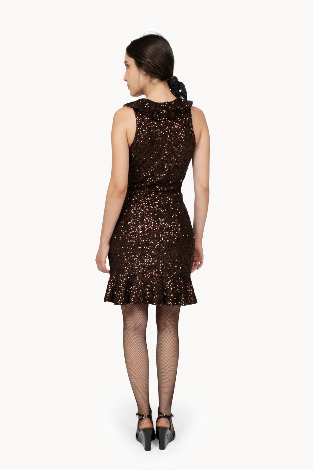 Brown Ruched Sequin Stretch Mini Dress