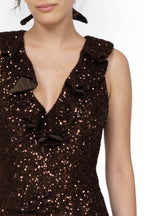 Brown Ruched Sequin Stretch Mini Dress