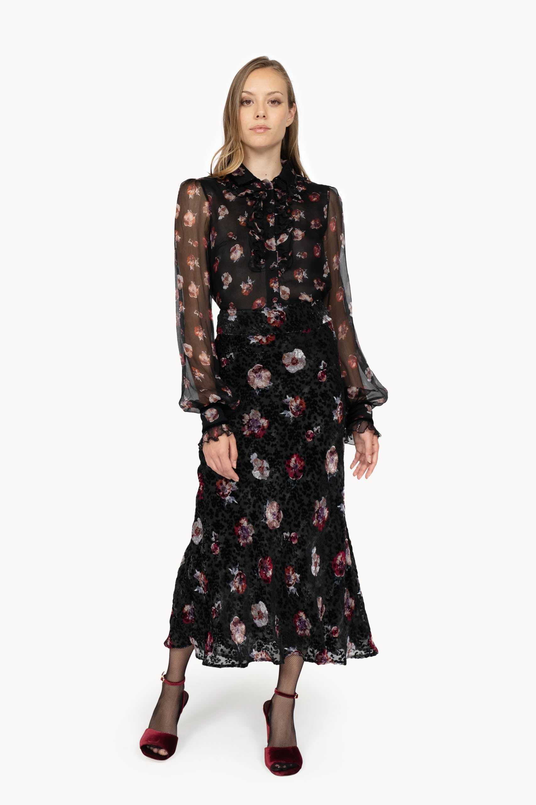 Pansy Flower Black Devorè Skirt