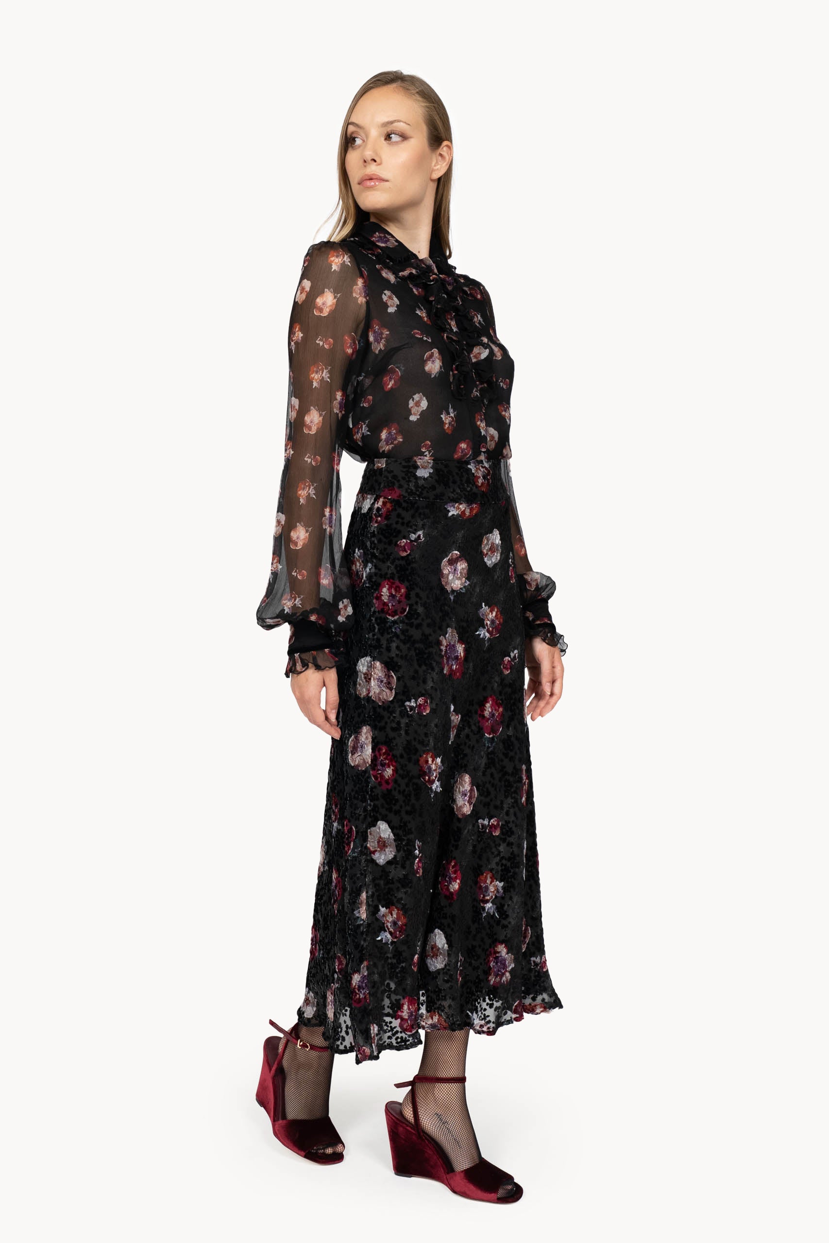 Pansy Flower Black Devorè Skirt