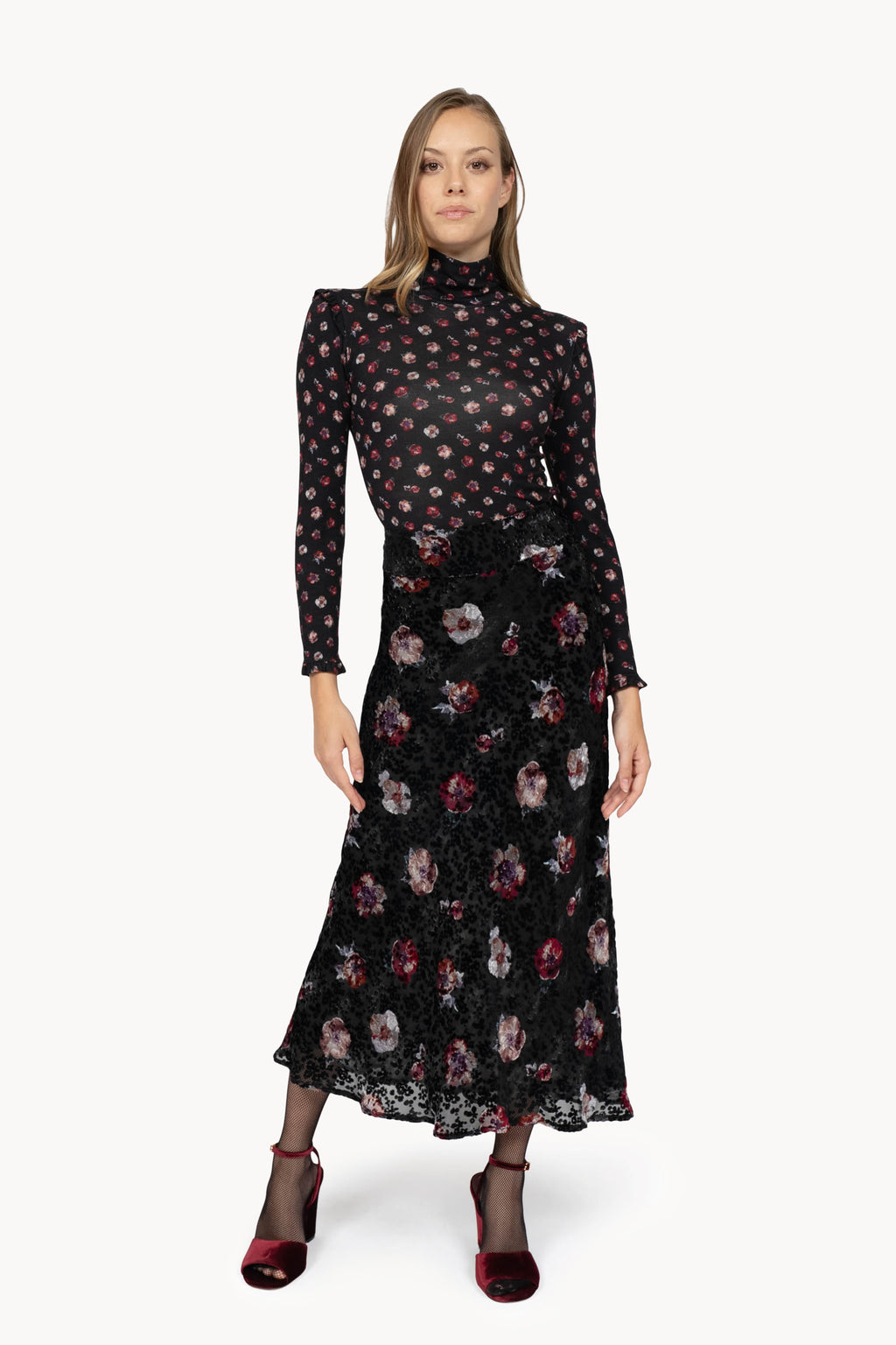 Black Jersey Floral Wool Turtleneck