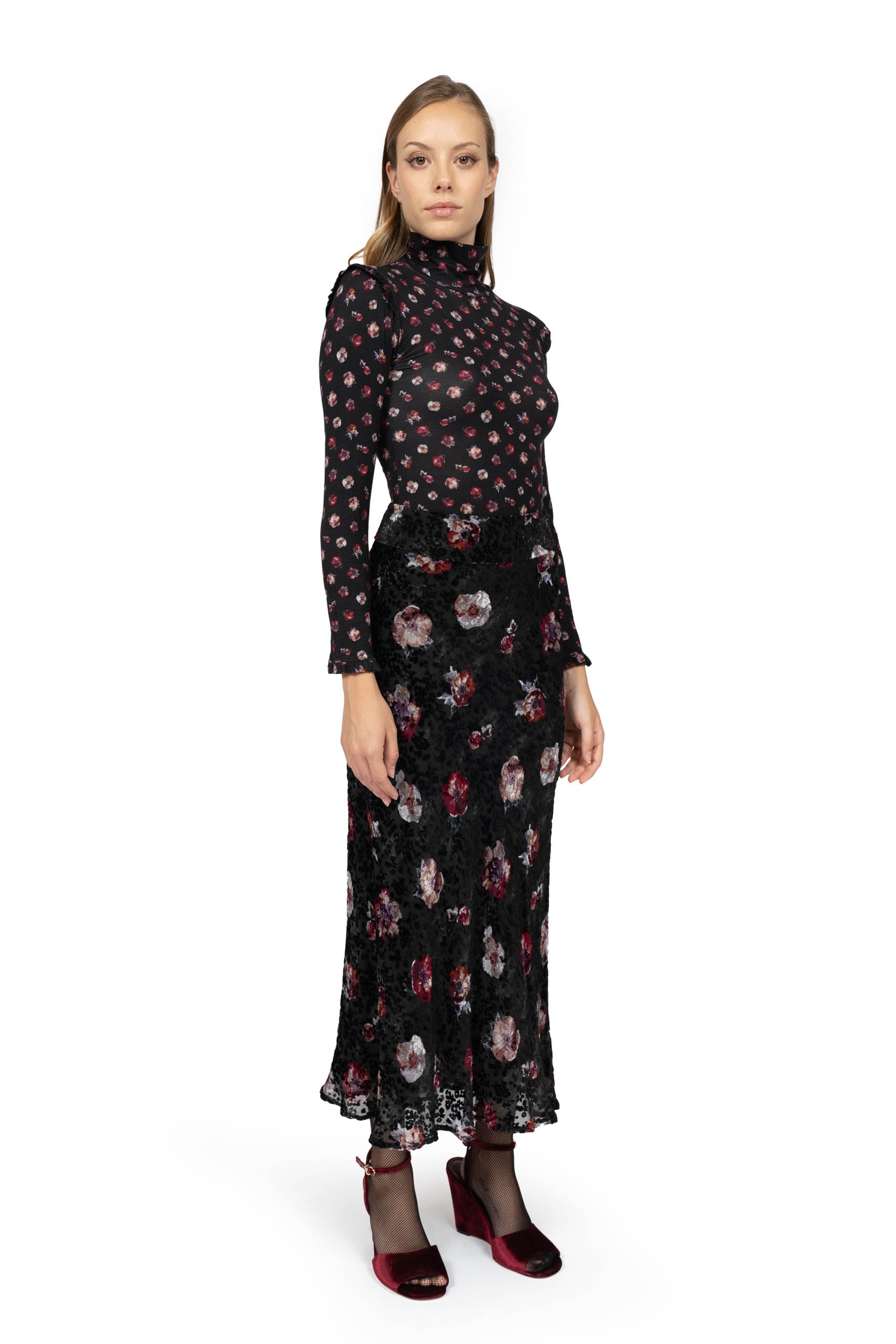 Dolcevita in lana floreale nero in jersey