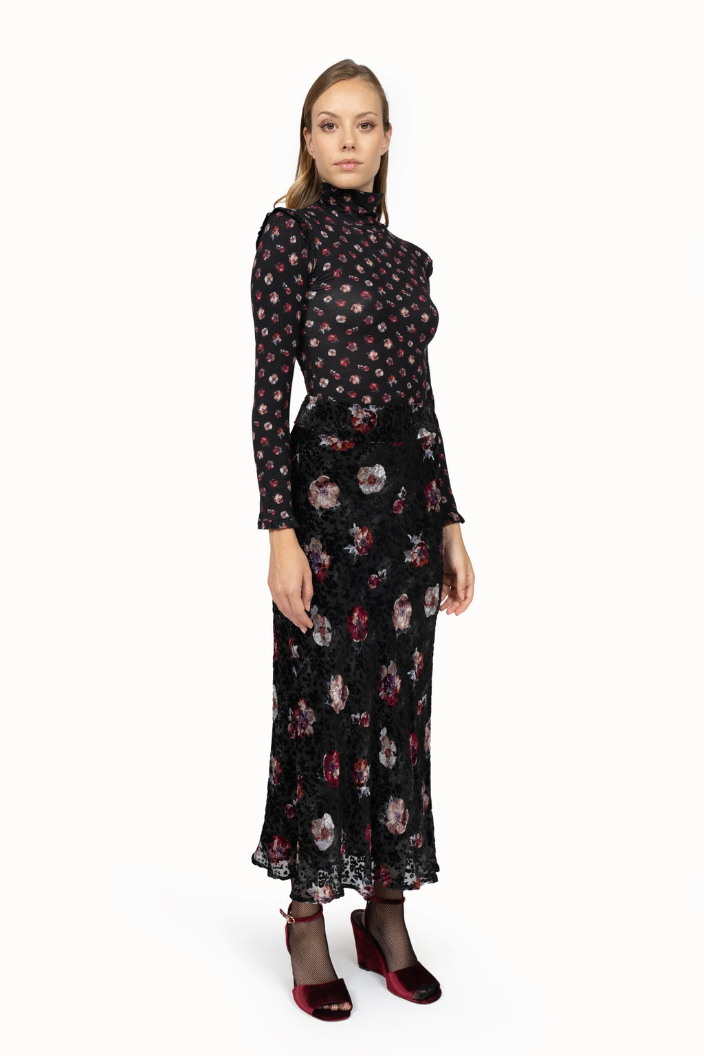 Black Jersey Floral Wool Turtleneck