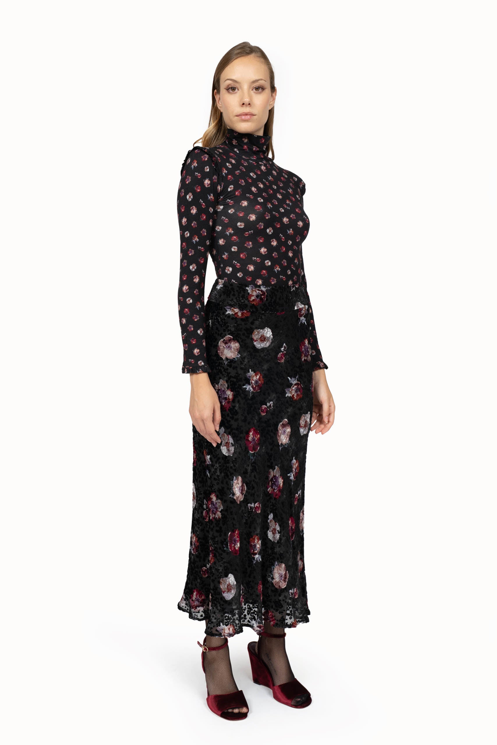 Black Jersey Floral Wool Turtleneck