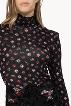 Black Jersey Floral Wool Turtleneck