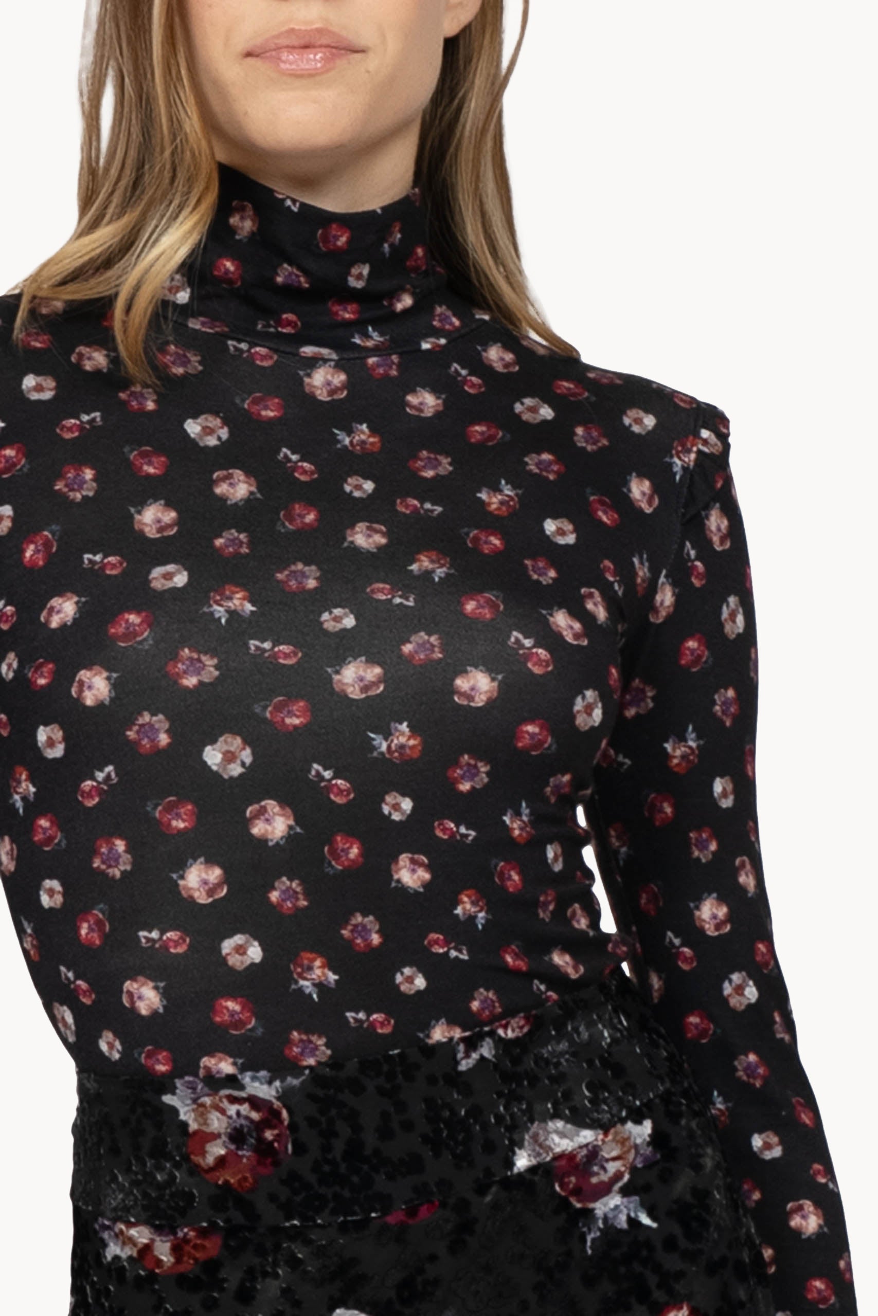 Black Jersey Floral Wool Turtleneck