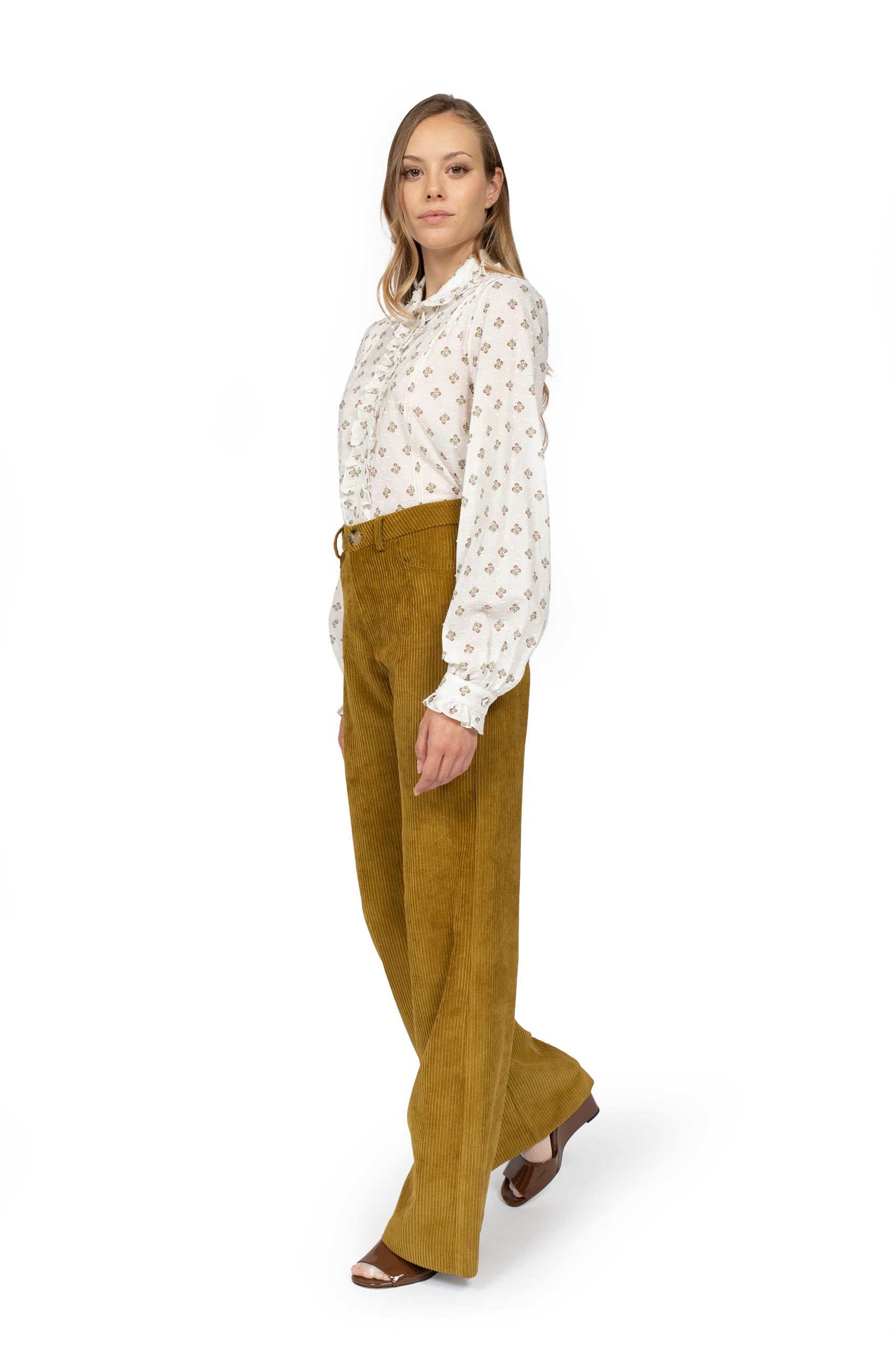 Pantaloni palazzo senape in velluto a coste