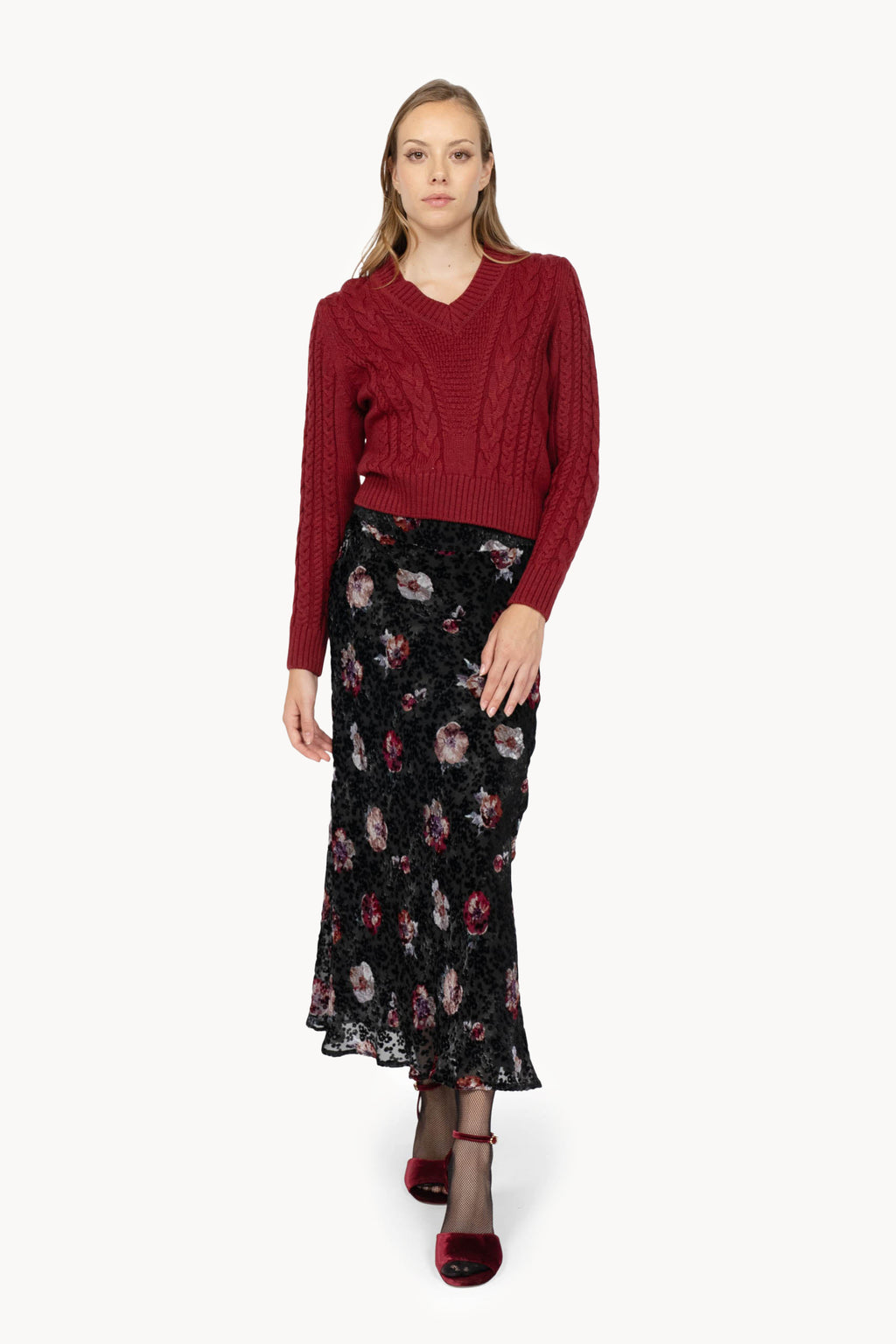 Cherry Red Cable-Knit Sweater
