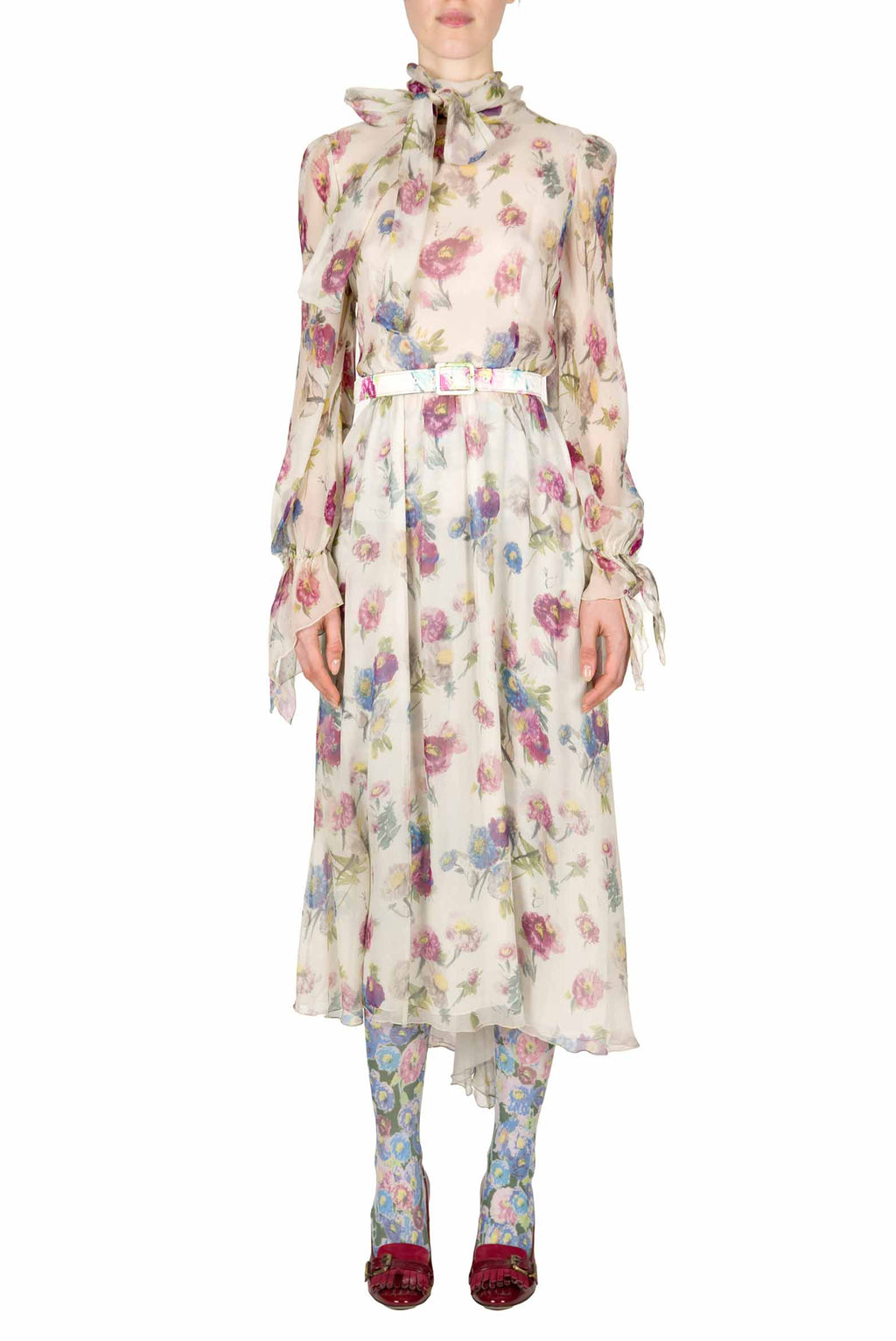 Chiffon Macro Anemones Dress With Sash