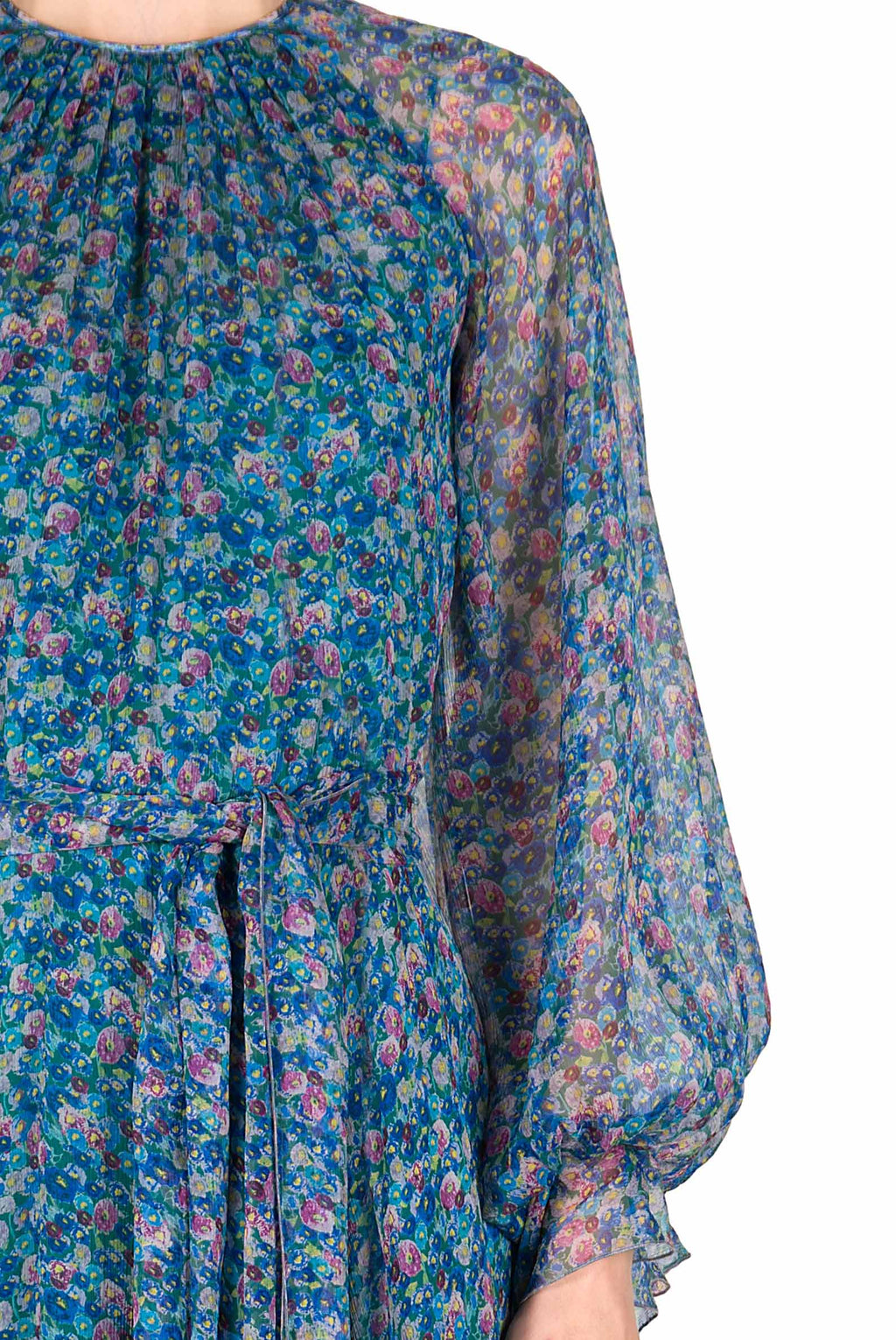 Abito plissettato in chiffon con micro anemoni stampati