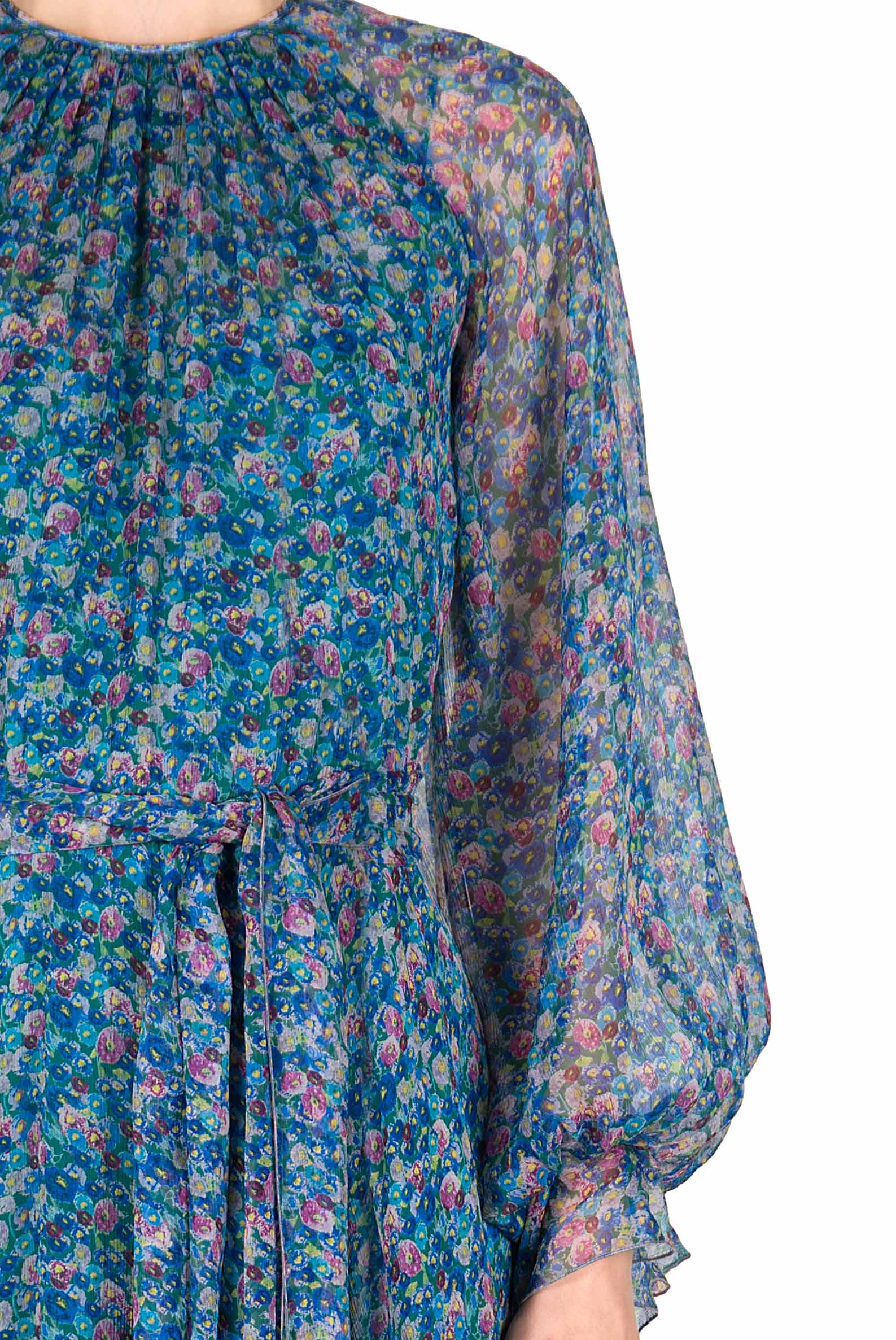 Abito plissettato in chiffon con micro anemoni stampati