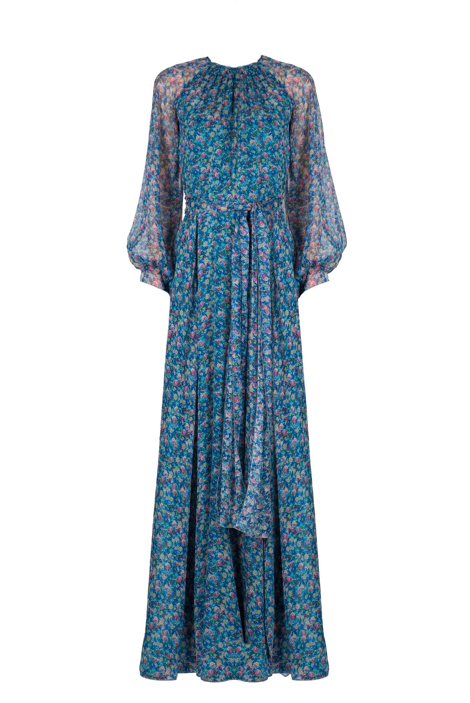Abito plissettato in chiffon con micro anemoni stampati