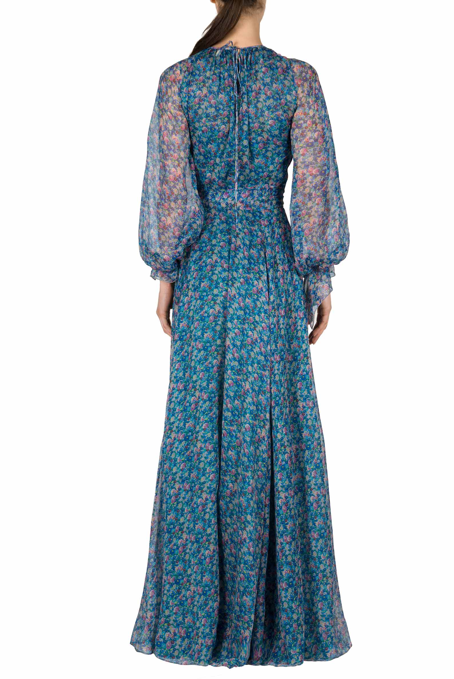 Abito plissettato in chiffon con micro anemoni stampati