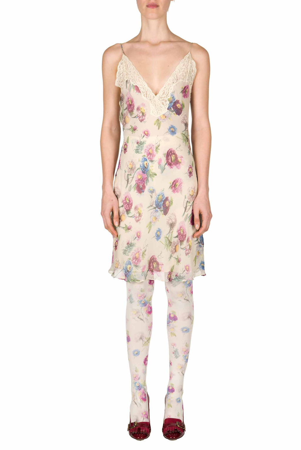 Slipdress con macro anemoni e pizzo