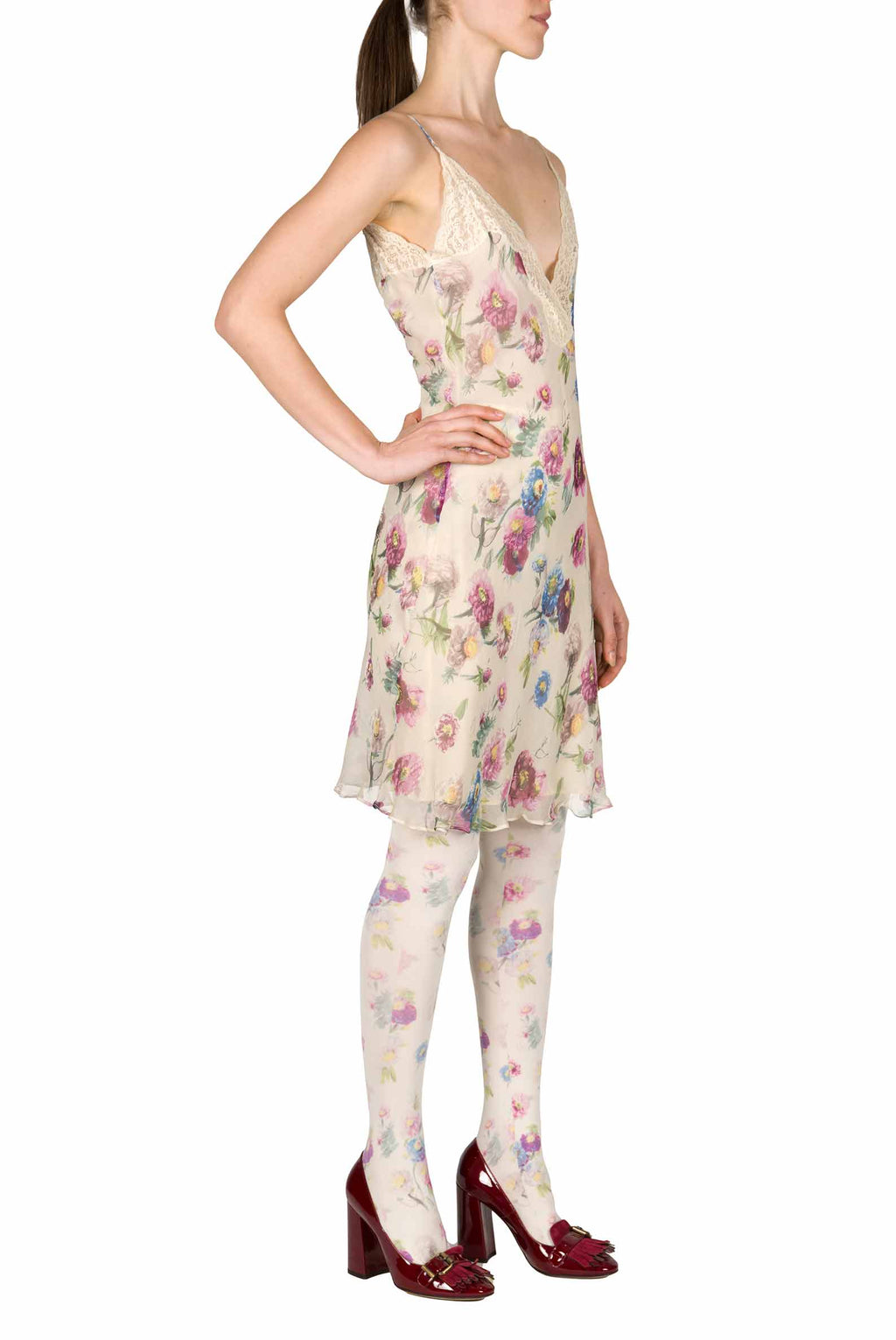Slipdress con macro anemoni e pizzo