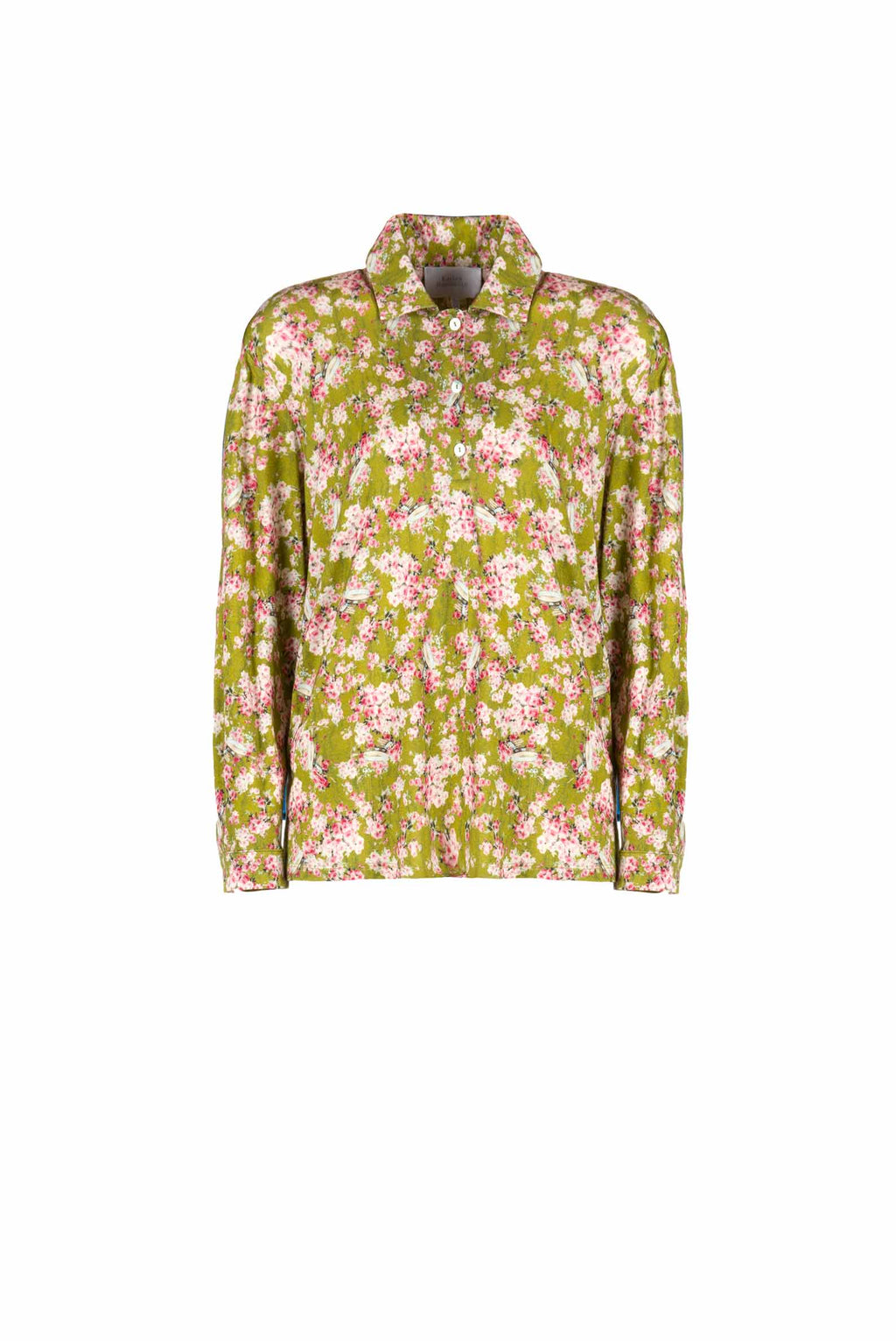 Polo in jersey verde con boccioli di rosa stampati