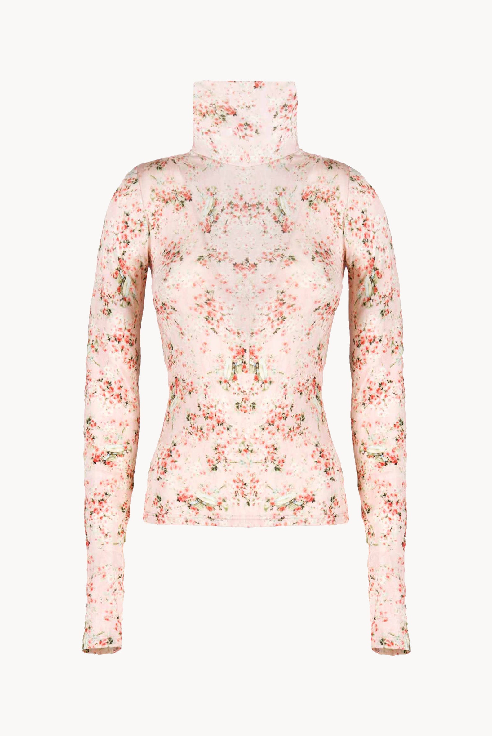Pink Printed Rose Buds Jersey Turtleneck