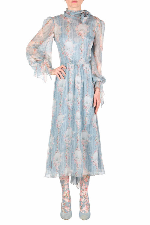 Circle Of Roses Chiffon Dress With Sash