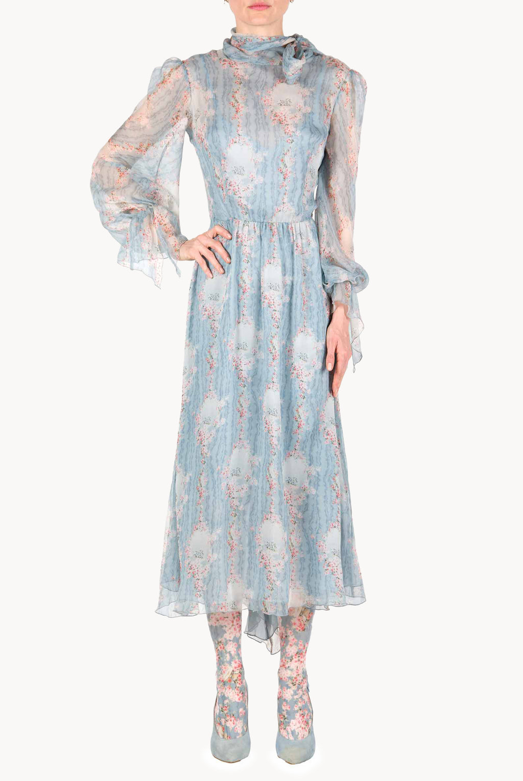 Circle Of Roses Chiffon Dress With Sash