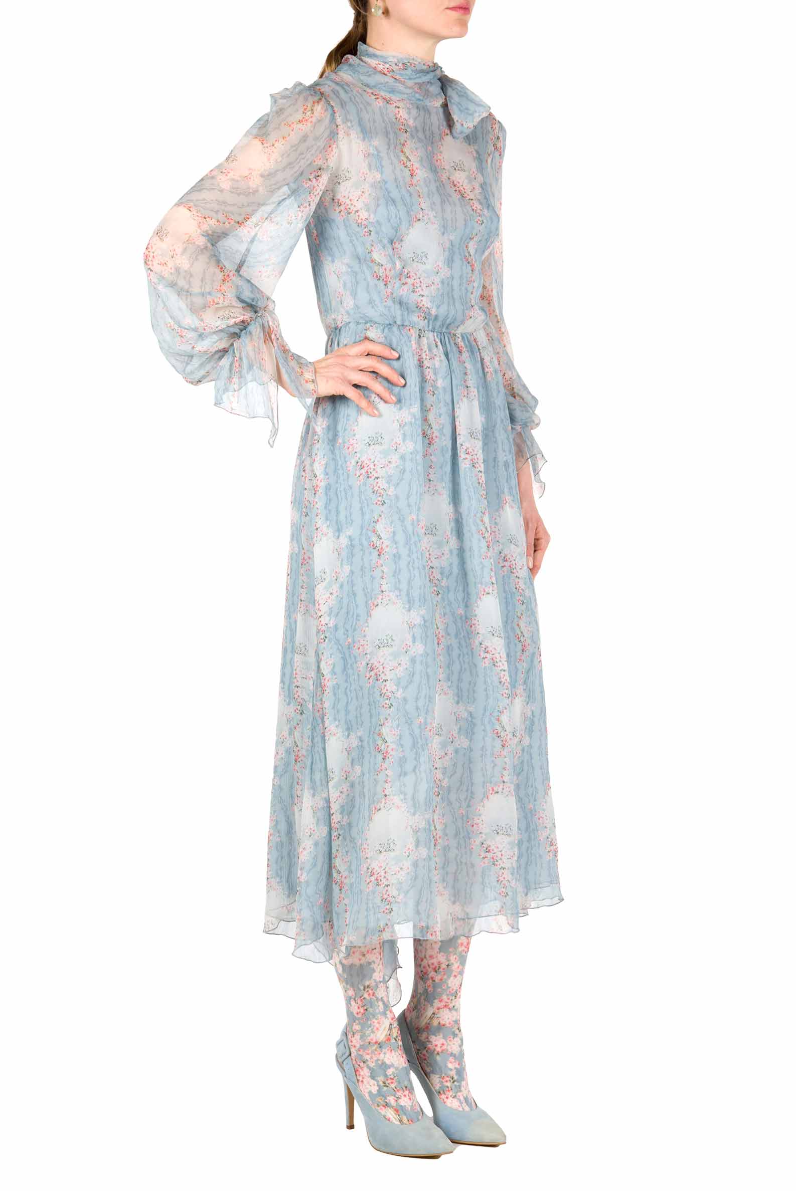 Circle Of Roses Chiffon Dress With Sash