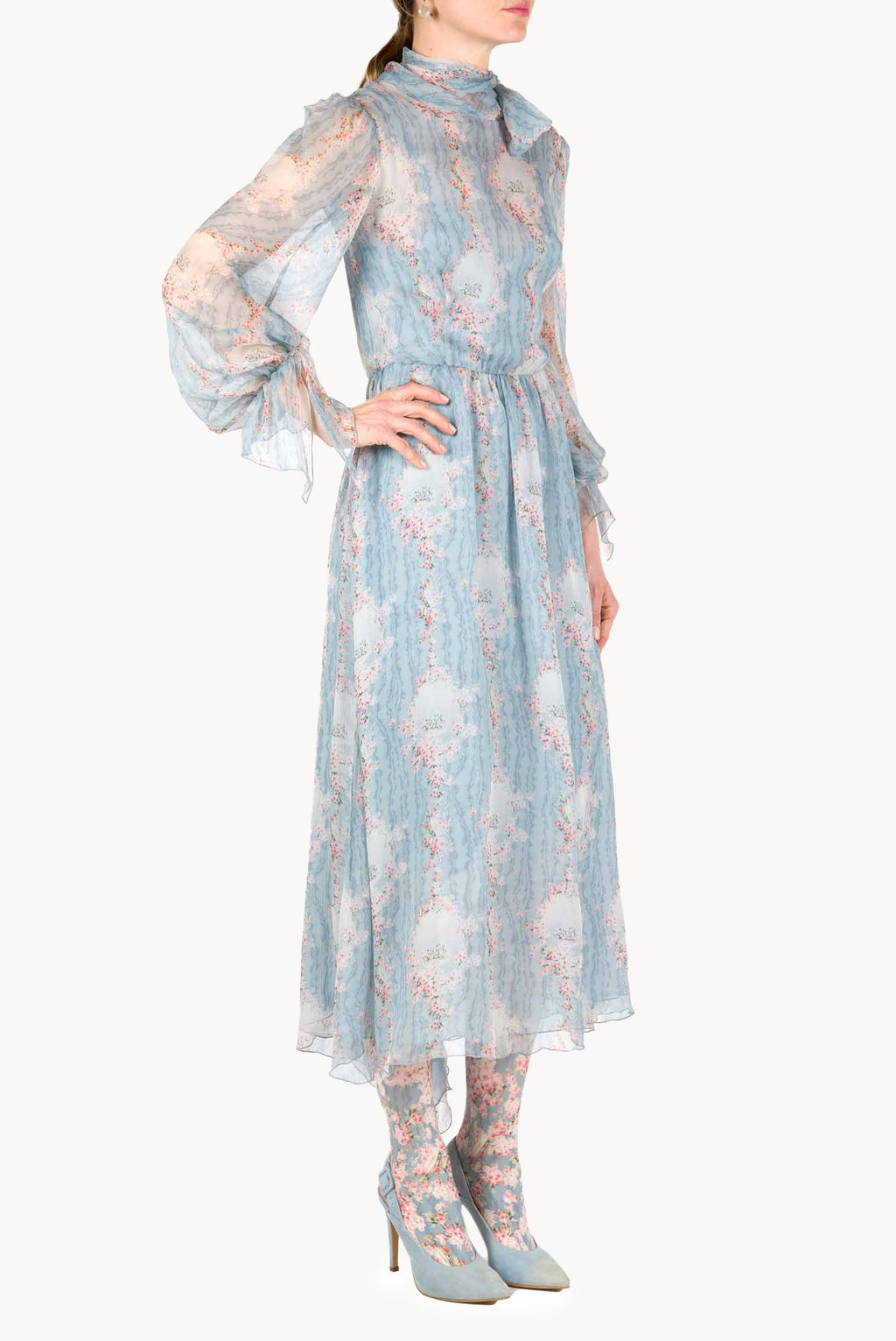 Circle Of Roses Chiffon Dress With Sash