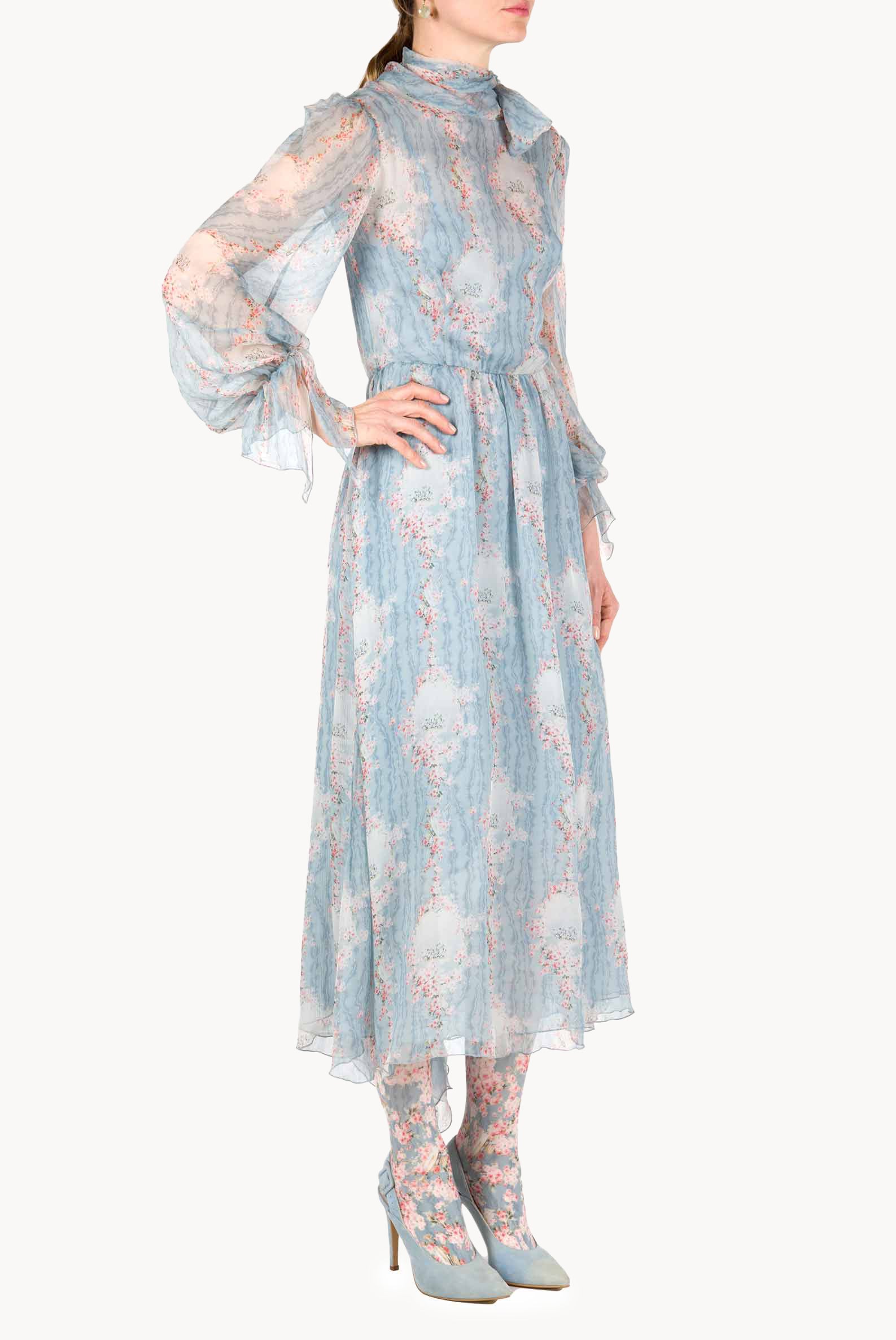 Circle Of Roses Chiffon Dress With Sash