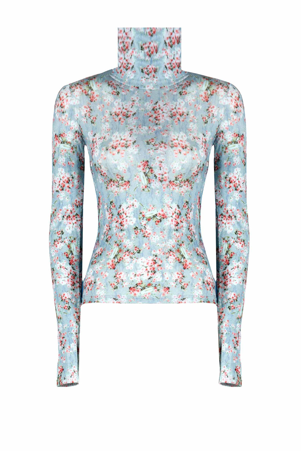 Dolcevita in jersey blu con boccioli di rosa stampati