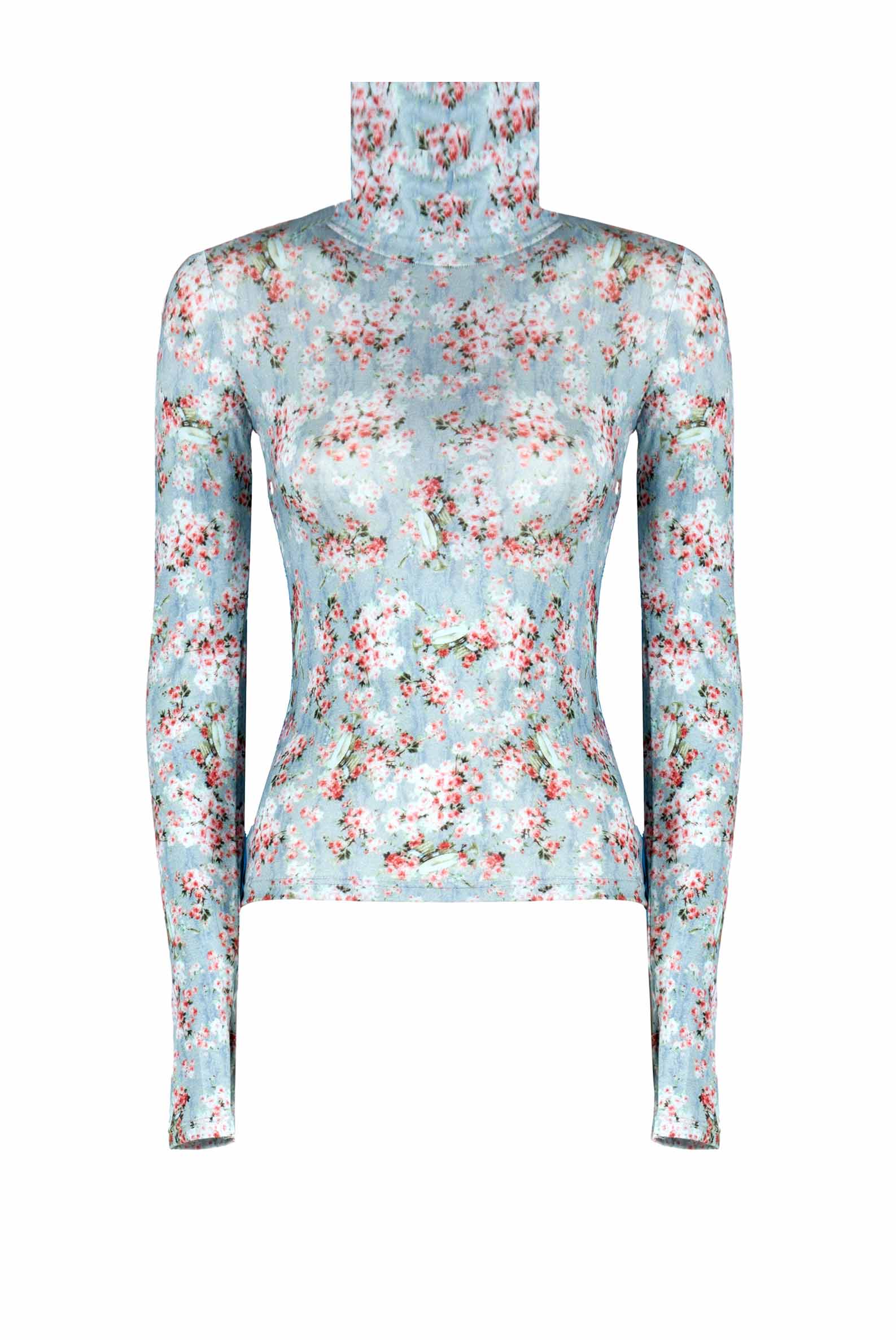 Dolcevita in jersey blu con boccioli di rosa stampati