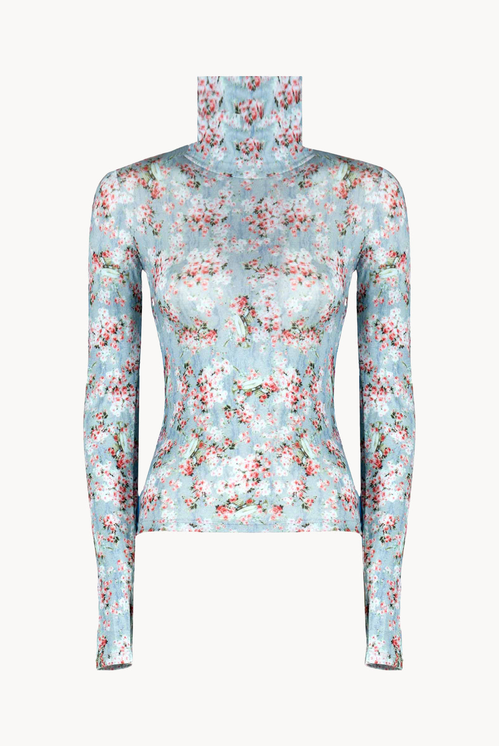 Blue Printed Rose Buds Jersey Turtleneck