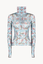 Blue Printed Rose Buds Jersey Turtleneck
