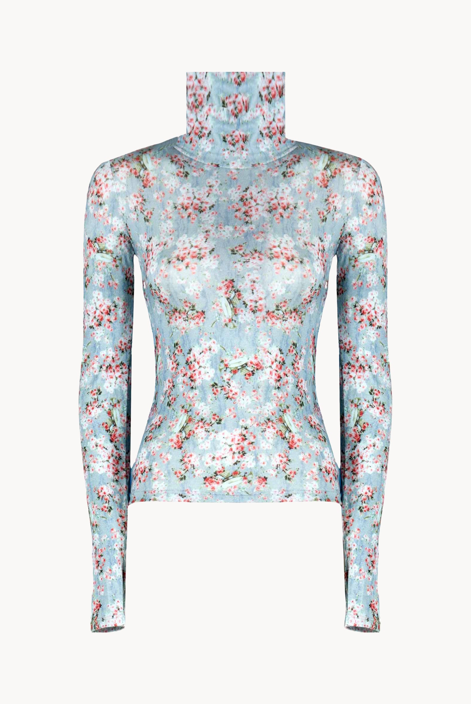 Dolcevita in jersey blu con boccioli di rosa stampati
