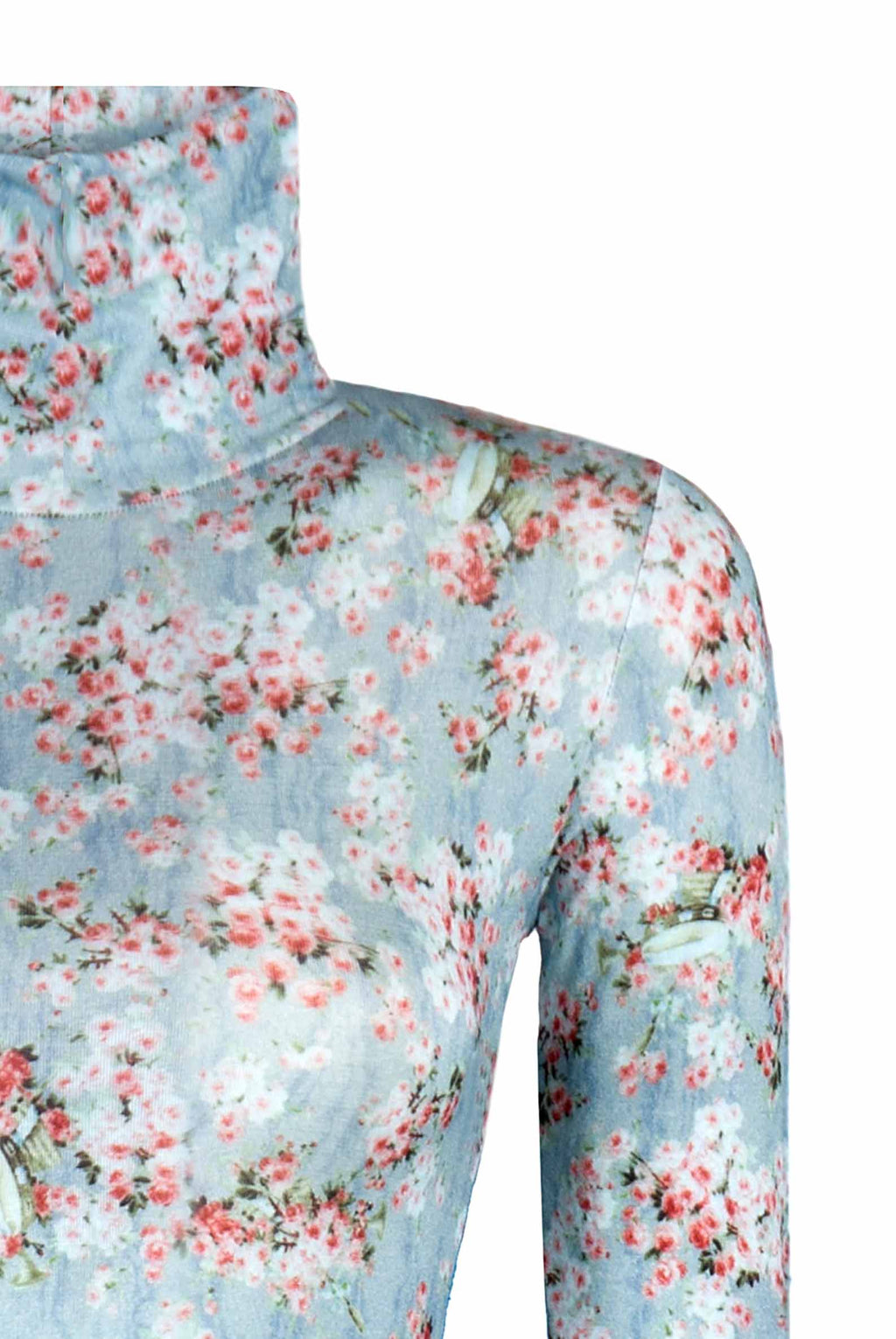 Dolcevita in jersey blu con boccioli di rosa stampati