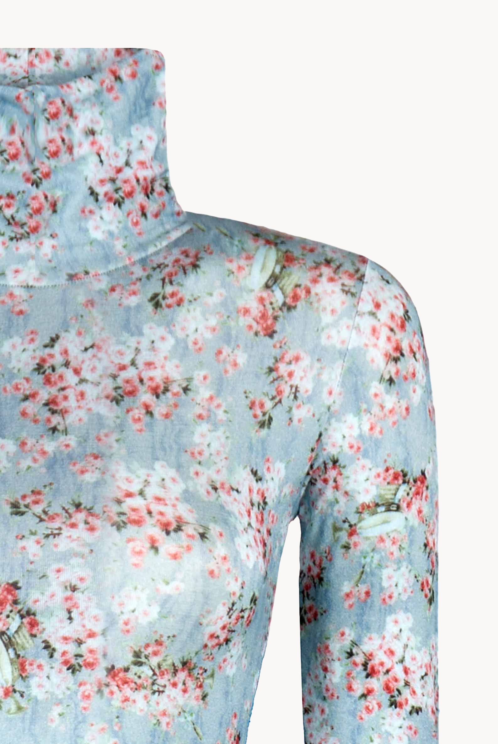 Blue Printed Rose Buds Jersey Turtleneck