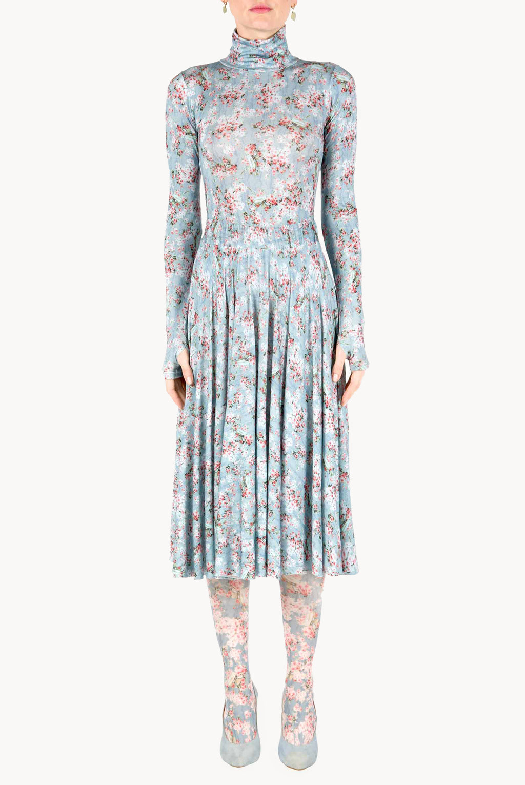 Blue Printed Rose Buds Jersey Turtleneck