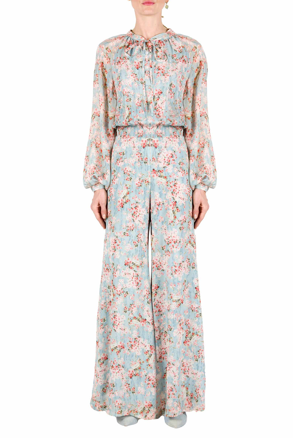 Tuta in georgette stampata con boccioli di rosa